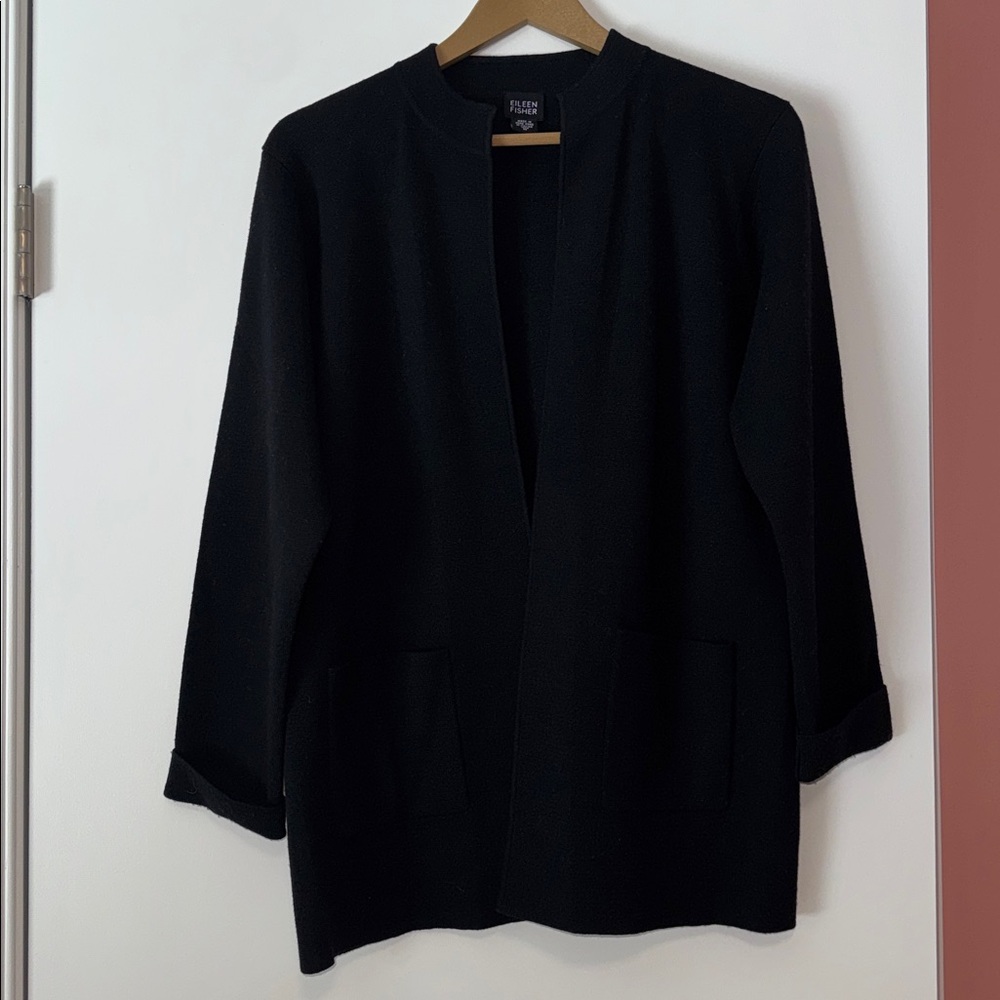 Eileen Fisher 100% Italian Wool Black Cardigan Blazer | Women’s Medium